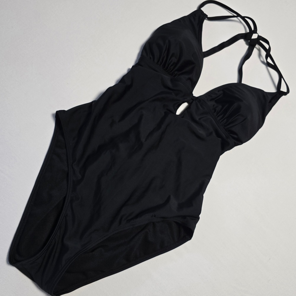 Women Size XL One Piece Swimsuit Black Strappy Lace Up Back Cutout